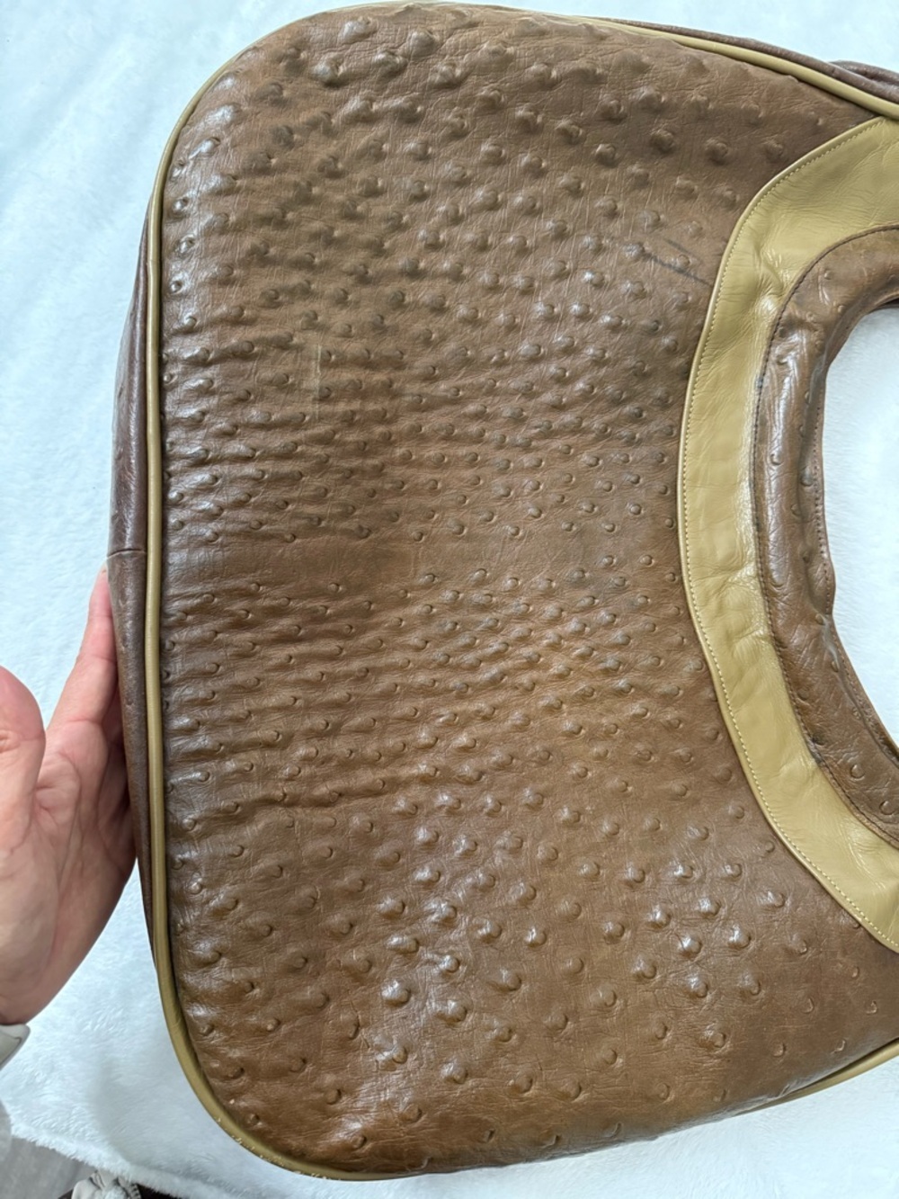 Vintage VEARI Genuine Ostrich Leather Handbag Brown Tan Shoulder Bag - Picture 8 of 11